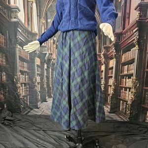 Vintage 1970s‎ Skirt Midi Length Plaid Tartan Navy Blue Green Gold